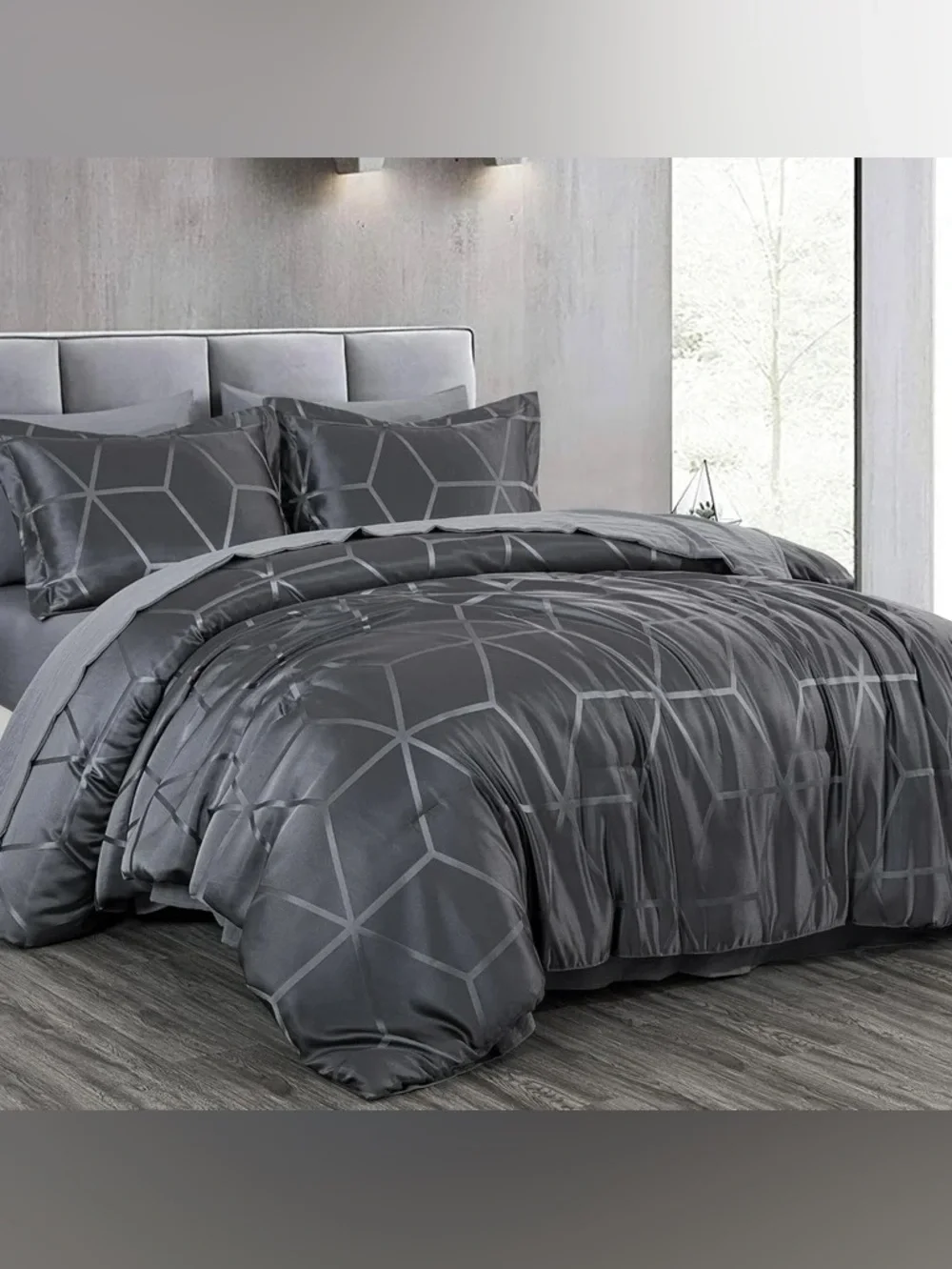 Premium Gray Geometric Queen 3 piece Comforter Set